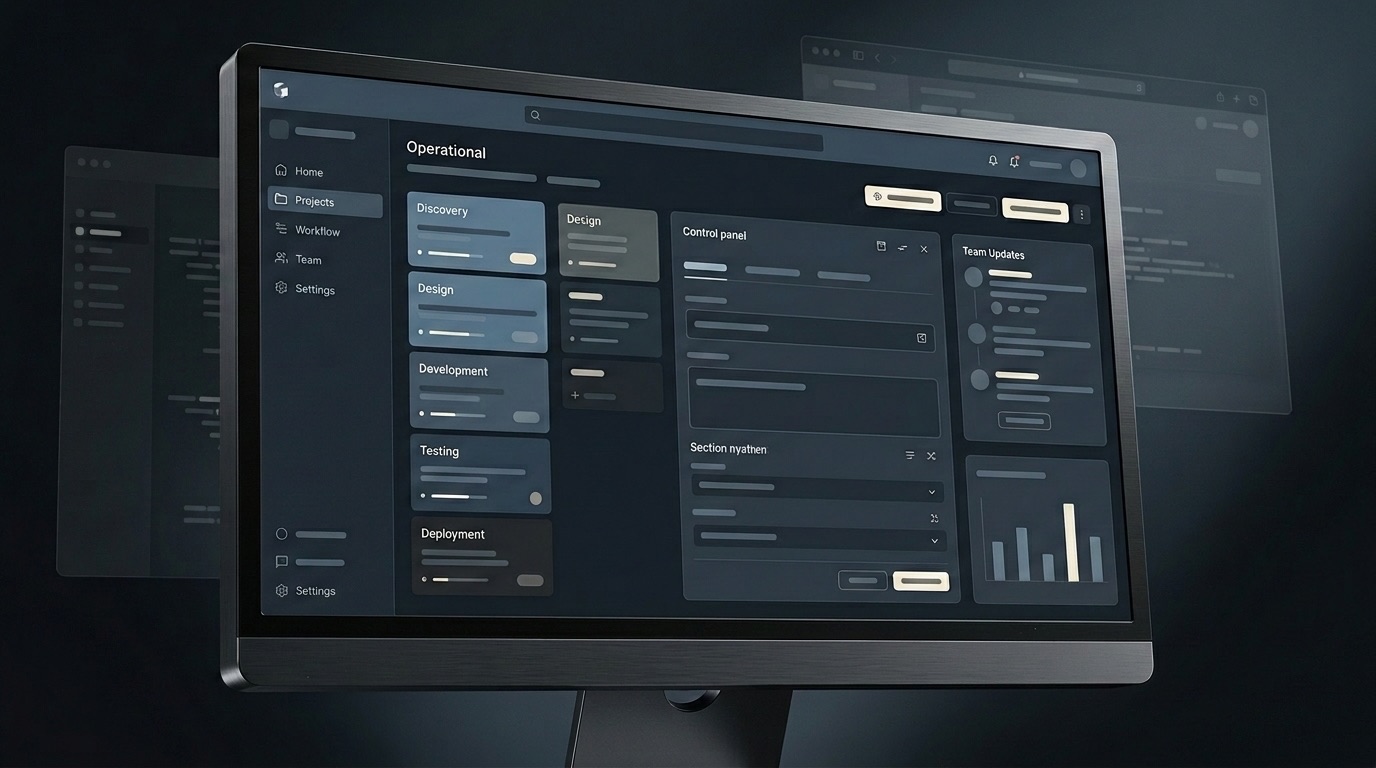 Service visual showing a clean application workspace with layered dashboards, navigation, and operational charts.